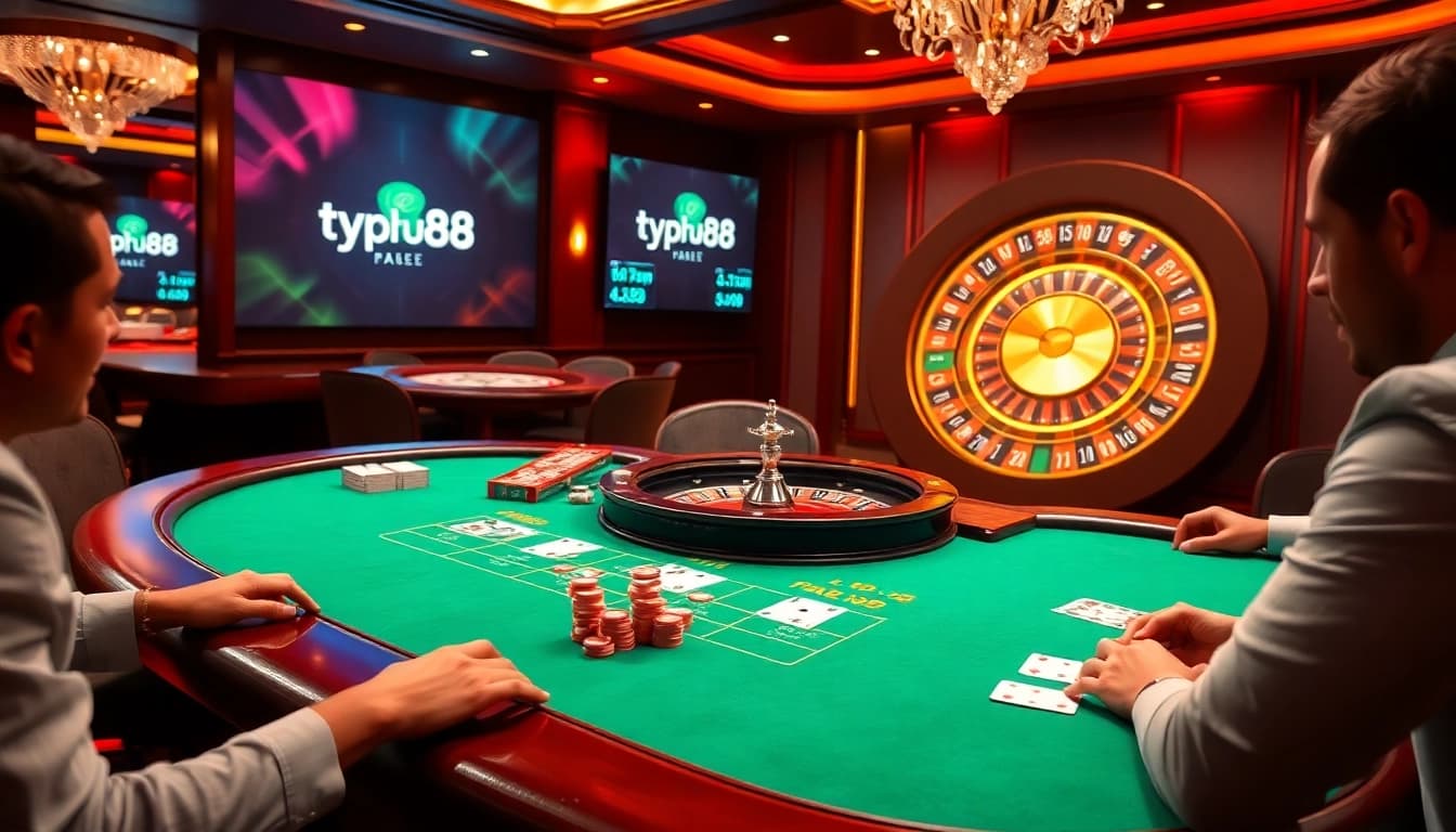 Players enjoying an exciting blackjack game at typhu88 casino table with vibrant decor.