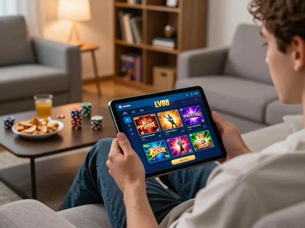 Engaging in LV88 đăng nhập on a tablet while enjoying online casino games at home.