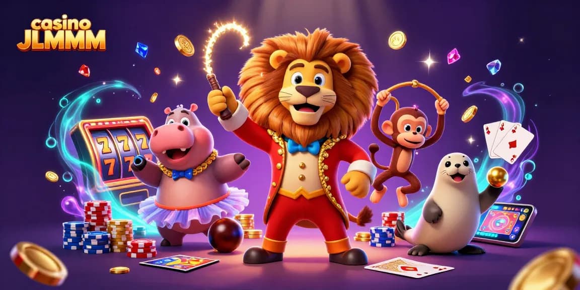 Experience thrilling slots at casino JLMMM with 3D characters and dynamic gaming elements in this vibrant illustration.