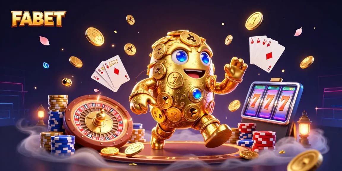 Experience the thrill of FABET with animated golden golem and dynamic casino elements.