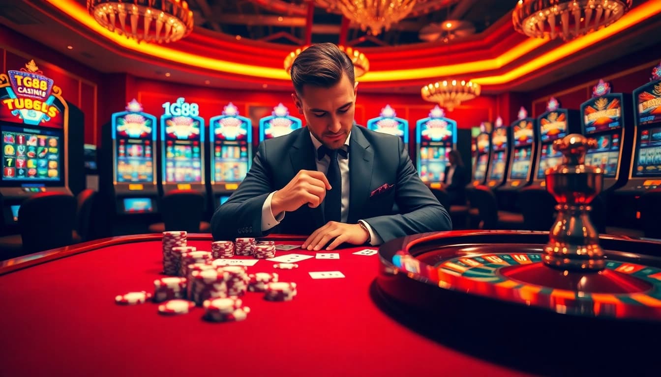 Experience excitement at nhà cái TG88 with a vibrant casino setup showcasing poker tables and slot machines.
