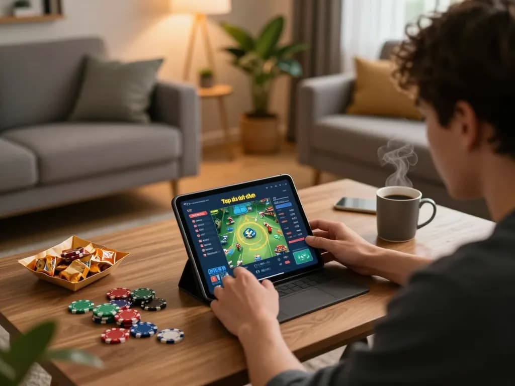 Engaging in Top game bài đổi thưởng on a tablet in a cozy living room setting, showcasing strategic gameplay.