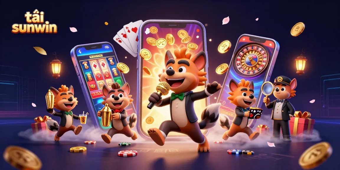 Experience tải sunwin in this vibrant 3D illustration showcasing hyenas in a lively casino scene.