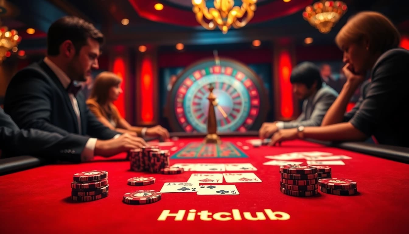 Hitclub players enjoying an engaging poker game at a luxurious casino table.
