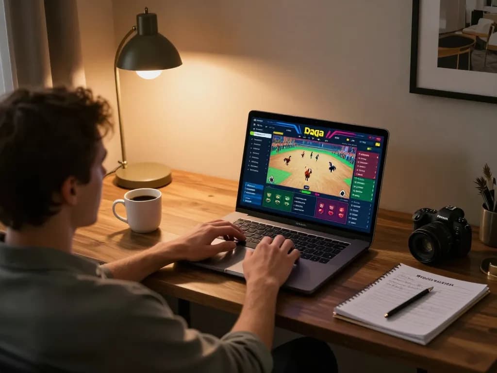 Daga online betting interface shown on laptop with player strategizing in a comfortable gaming setup.