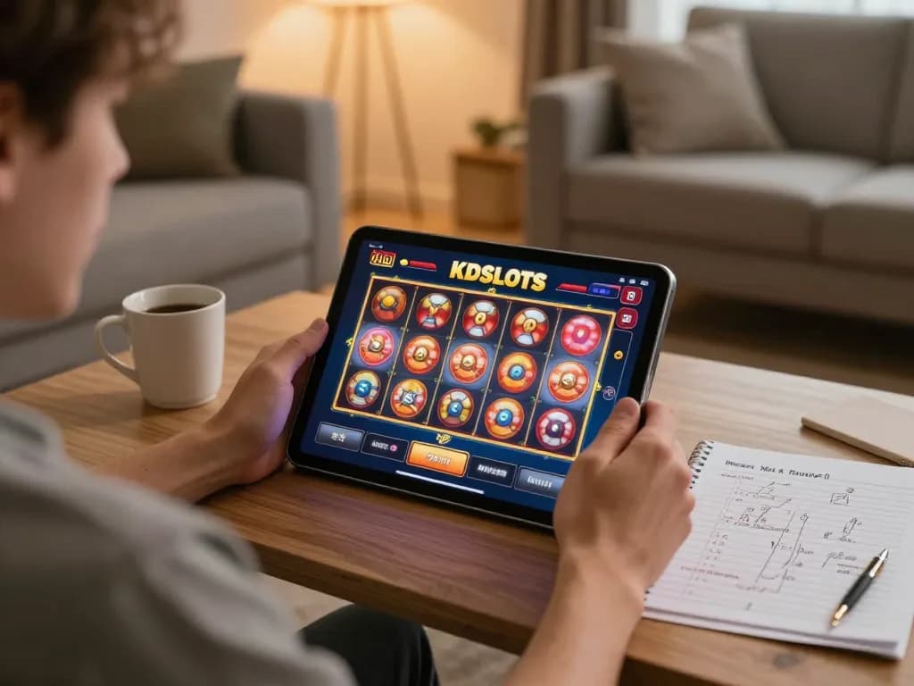 KDslots player engaged with rapid online slots gameplay from a cozy home environment.