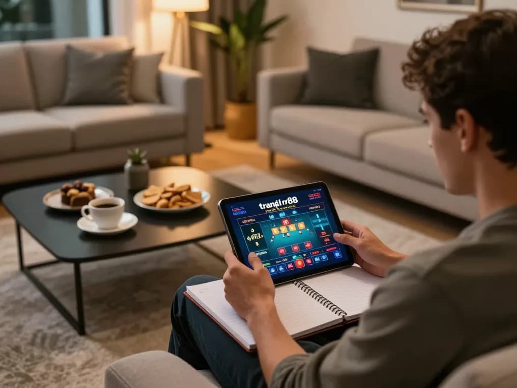 Player enjoying online gambling experience at trang chủ rr88 on a tablet, with cozy home ambiance.