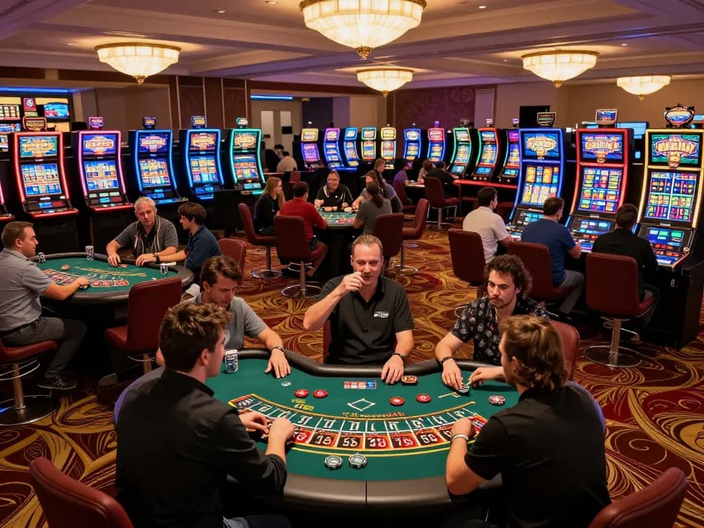 Engaging scene of players enjoying various games at taisunwin casino, capturing excitement and action.