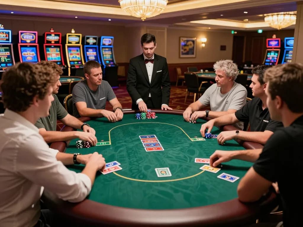 Engaged players analyze keo nha cai 5 during high-stakes poker game in luxurious casino.