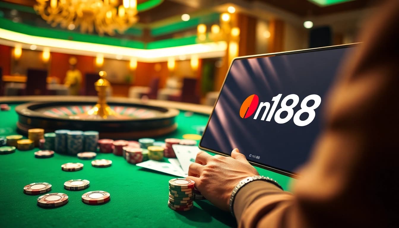 Experience high-stakes gambling action at n188 with a vibrant casino scene featuring poker chips and a roulette wheel.