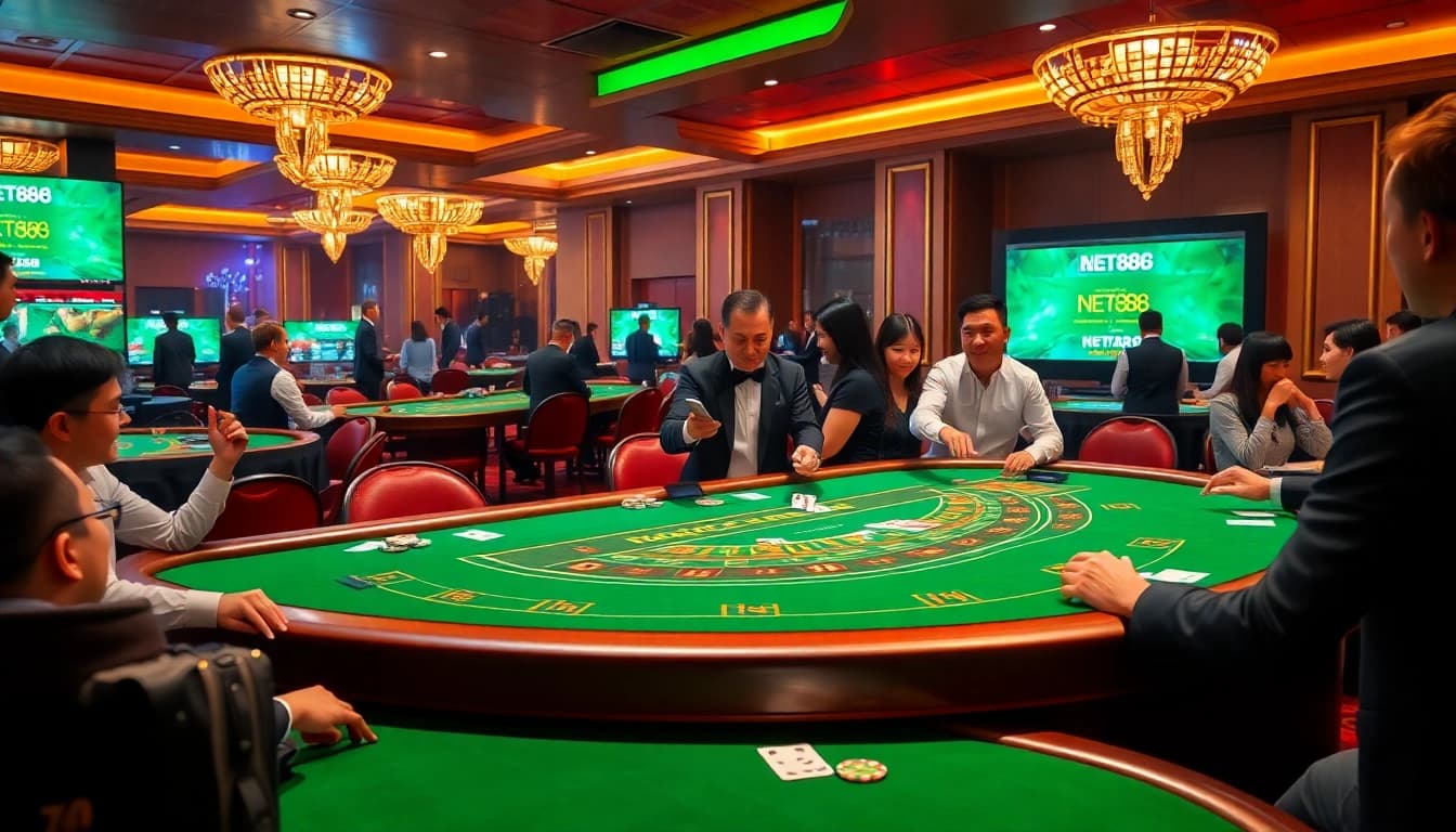 Players engage in thrilling baccarat at a luxurious NET88 casino table under vibrant lights.