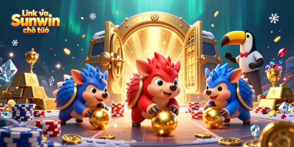 Engage with "Link vào Sunwin chính thức" through a vibrant 3D casino illustration featuring dynamic pangolins and rich gaming elements.