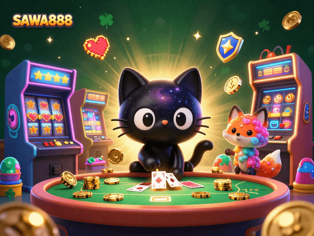 Experience the excitement of SAWA888 casino with a cosmic twist, featuring a black hole cat and nebula fox in a vibrant gaming scene.