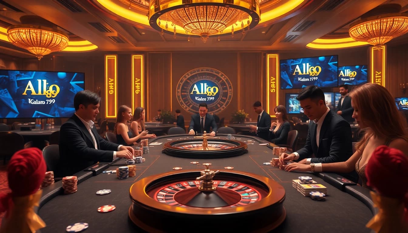 Alo 789 engages players in a high-stakes poker game, showcasing vibrant chips and cards in an opulent casino.
