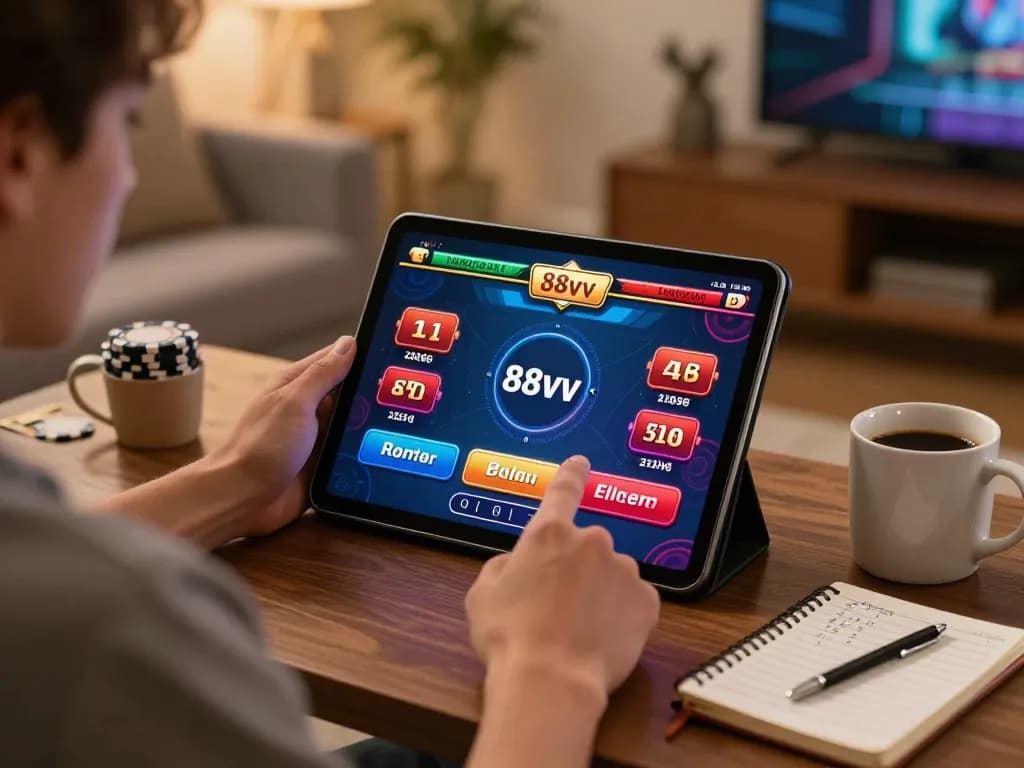 Engaging in online casino gameplay at 88vv, showcasing colorful graphics and a cozy home setting.