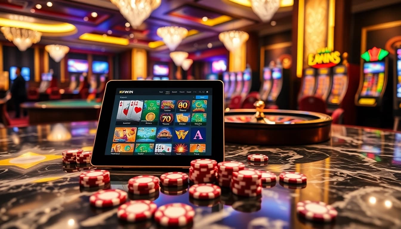 Excited players enjoying a KKWIN online gambling experience with vibrant casino elements.