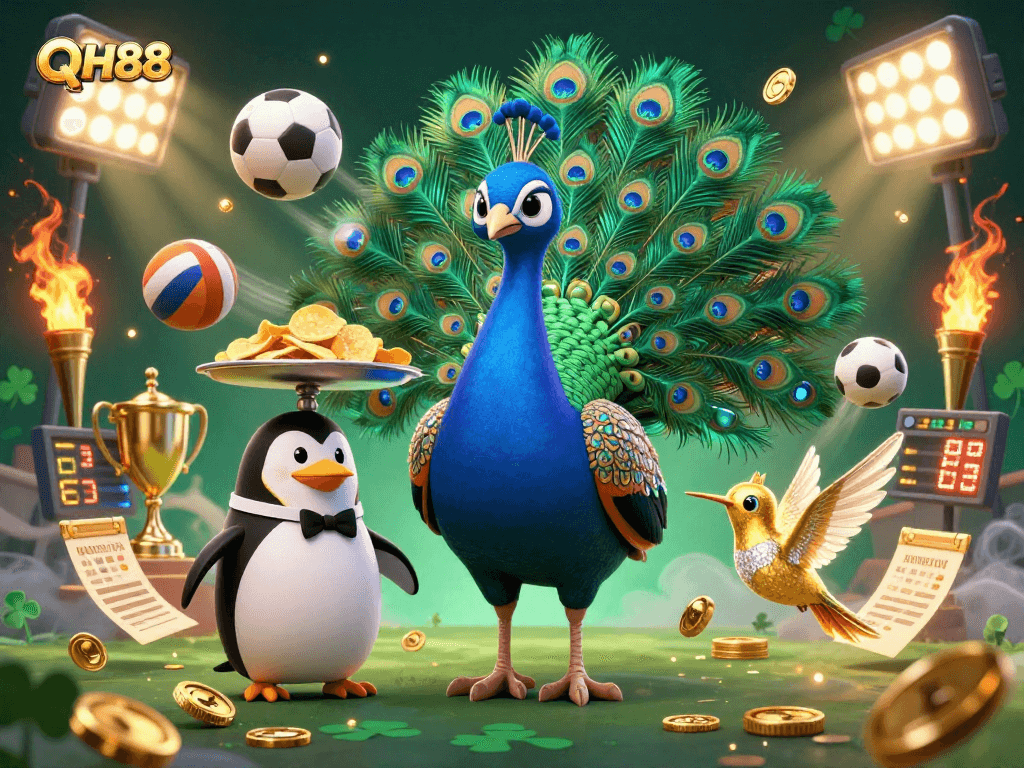 Experience the thrill of QH88 with a vibrant scene of a peacock, penguin, and hummingbird in a casino.