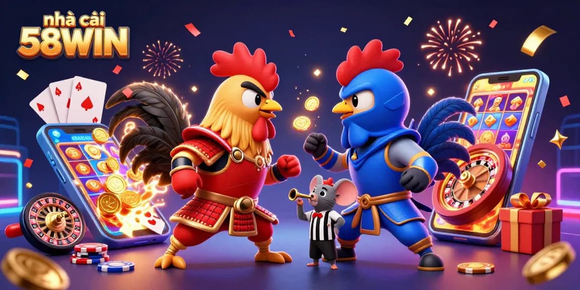 Engage with the thrilling action at nhà cái 58WIN as two cartoon roosters face-off, amidst exciting casino elements!