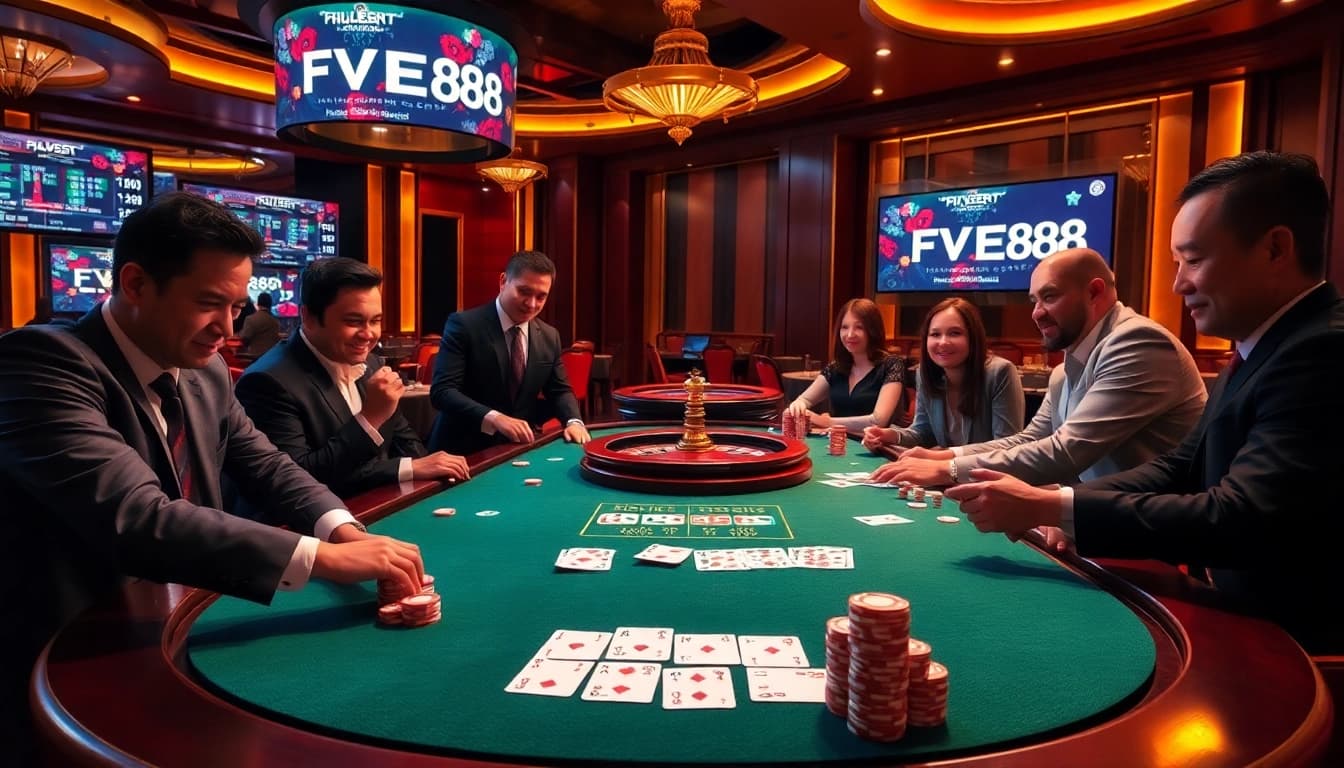 Experience the thrill of FIVE88 with energetic players at a luxurious poker table amidst vibrant casino action.