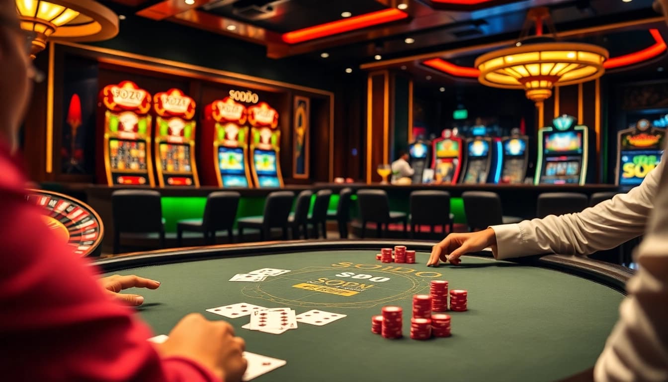 SODO casino scene with poker players at a high-stakes table showcasing vibrant chips and cards.