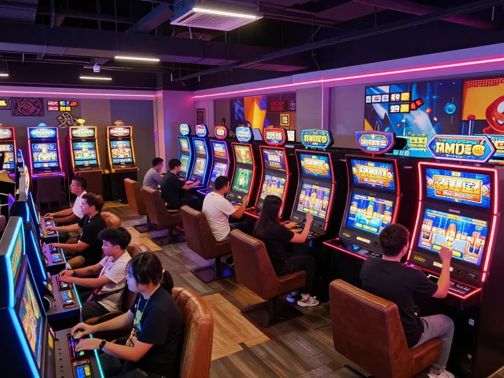 LUCKY88 players enjoying vibrant slot machines with exciting wins in a lively casino atmosphere