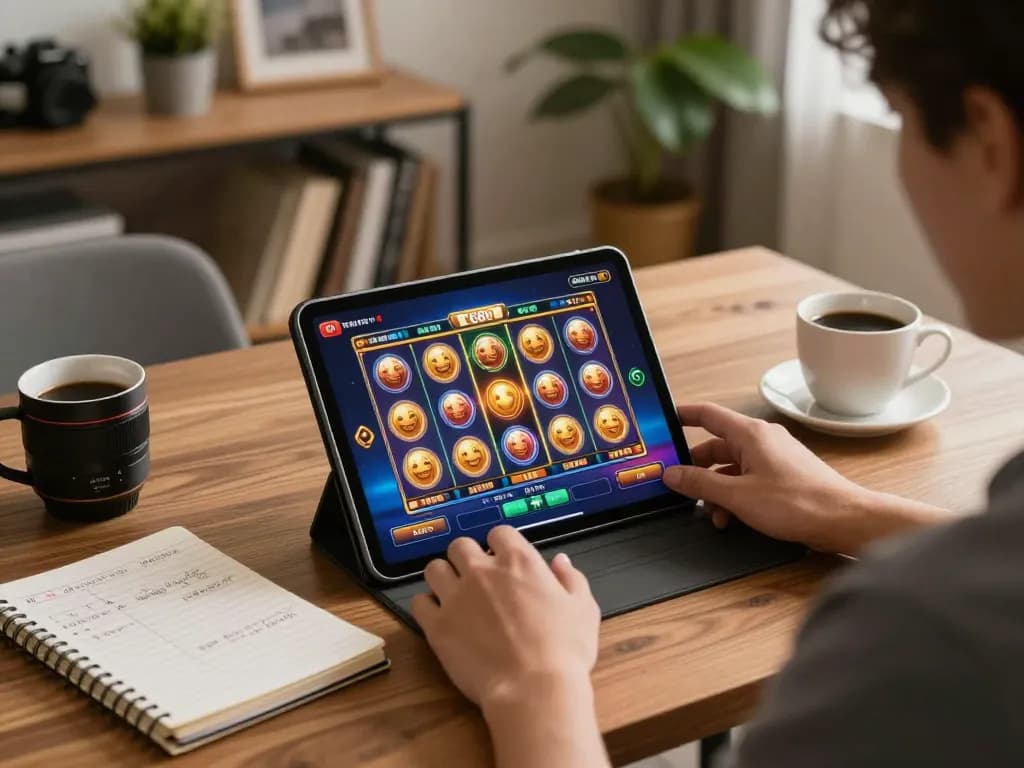 Engaged player enjoying tg88 game on a tablet, showcasing vibrant slot interface in a cozy home setting.