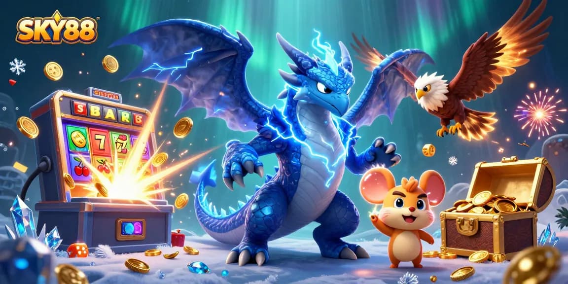 SKY88 showcases a thrilling casino scene with a thunder dragon, slot machines, and vibrant game elements.