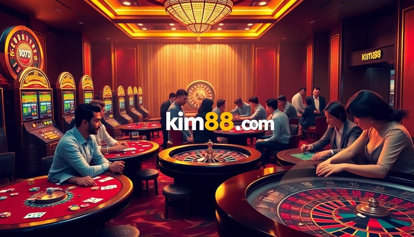 Dynamic casino scene portraying excitement and luxury at kim88.com with vibrant slot machines and poker tables.