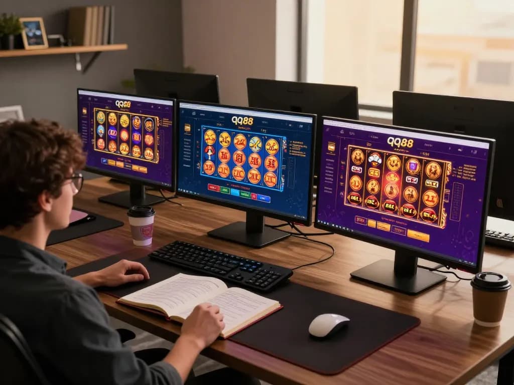 Engaging in qq88 online casino gaming with multiple screens and strategy notes visible.
