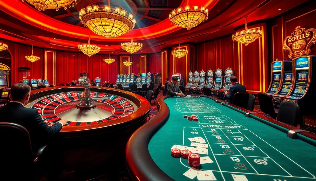 SODO66 casino scene with excited players at roulette and blackjack tables, showcasing vibrant gambling action.