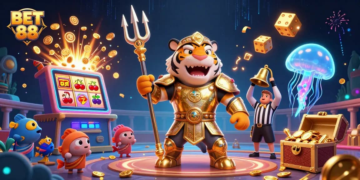 BET 88 slots and jackpot explosion featuring a tiger shark and dynamic casino elements.