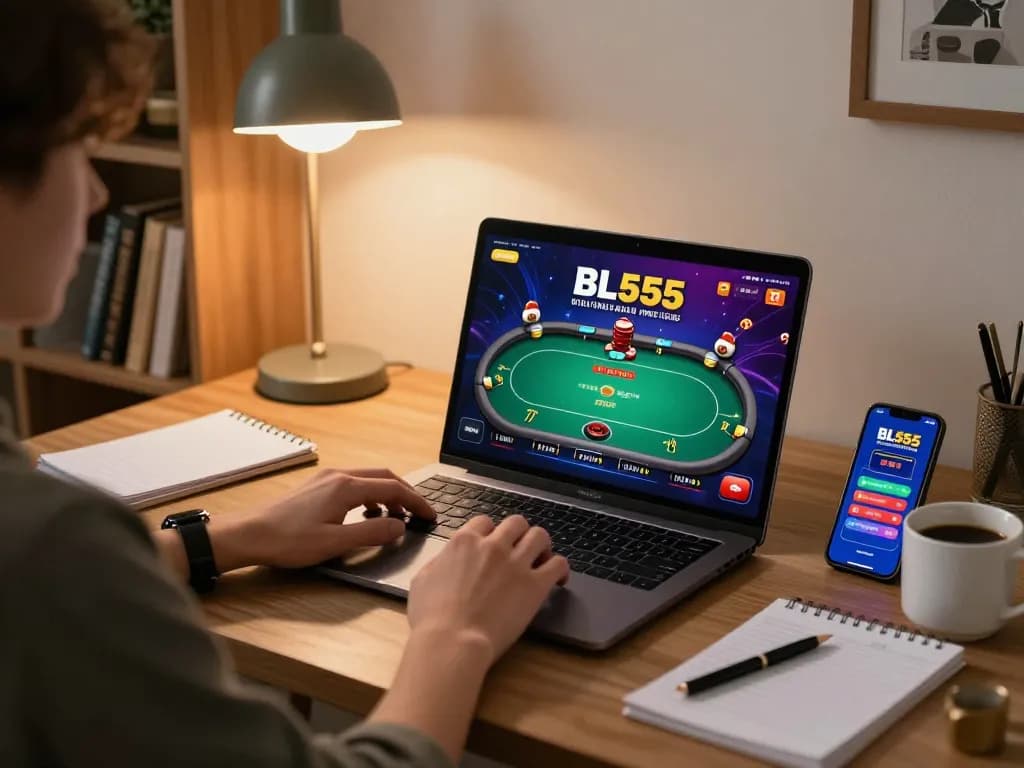Engaging online poker gameplay at BL555, showcasing a player's setup with laptop and smartphone.
