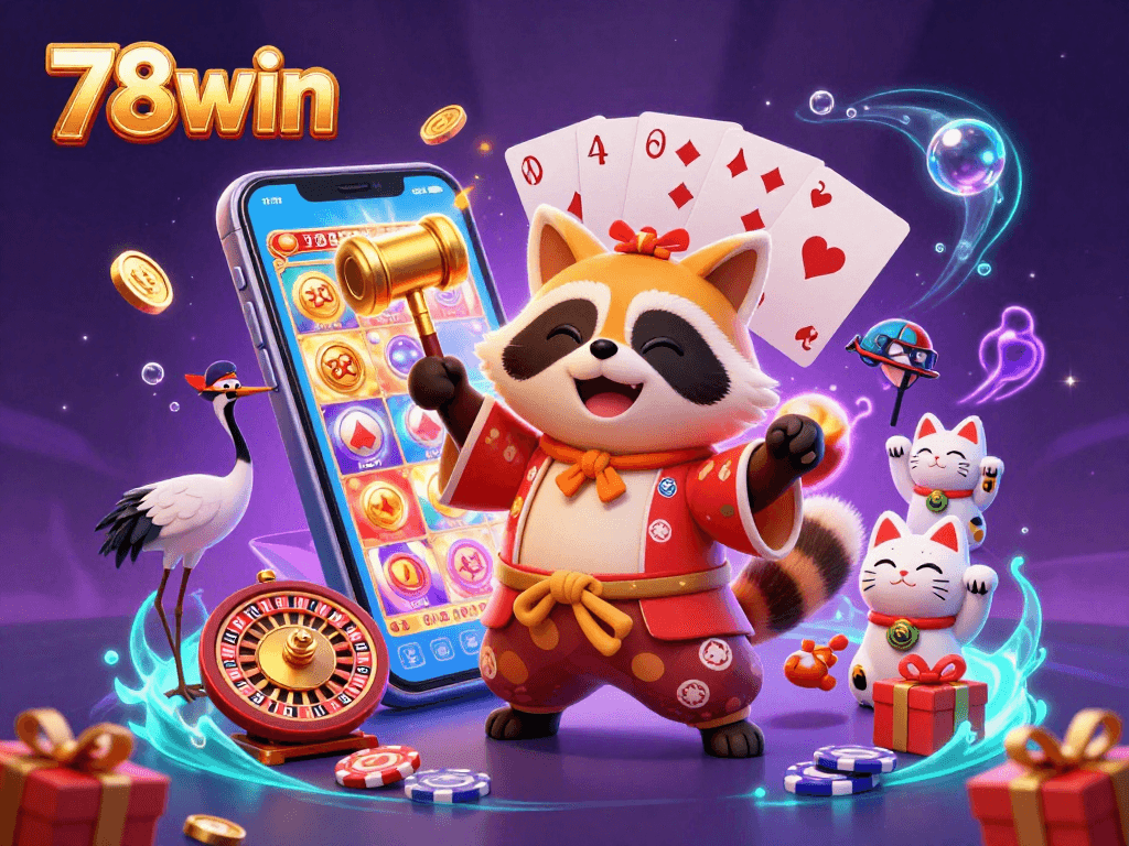 Experience the thrill of 78win with a festive tanuki and lucky symbols in a vibrant casino scene.
