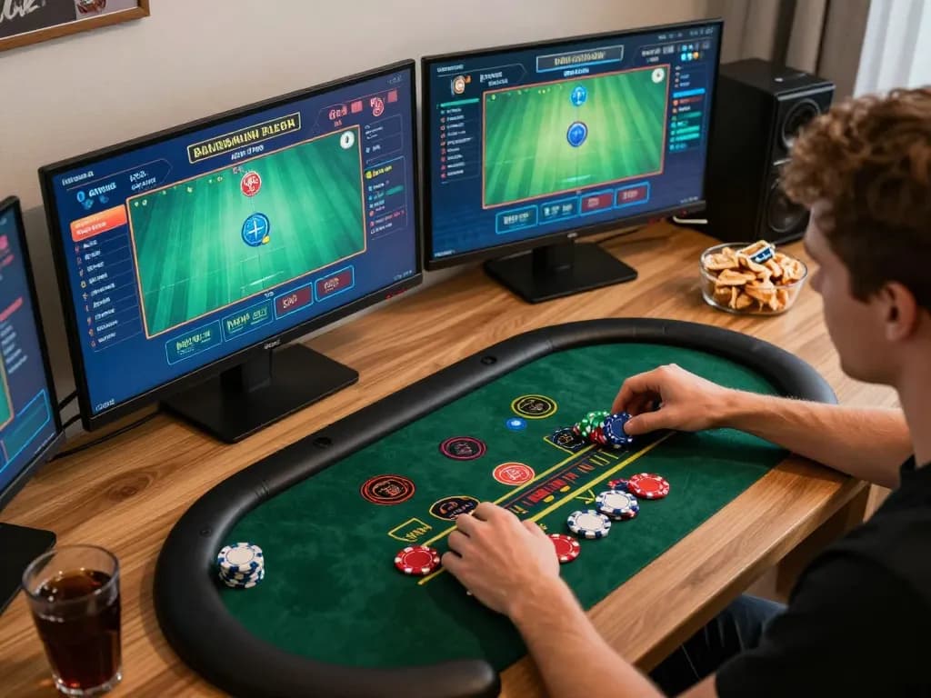Engaging online blackjack action with lucky88a chips and strategies at home gaming setup.
