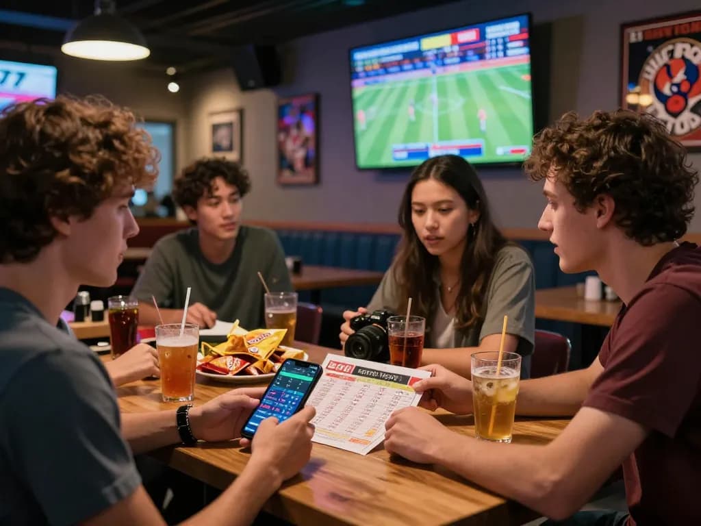 Friends enjoying sports betting with debet app on smartphone in lively lounge atmosphere.