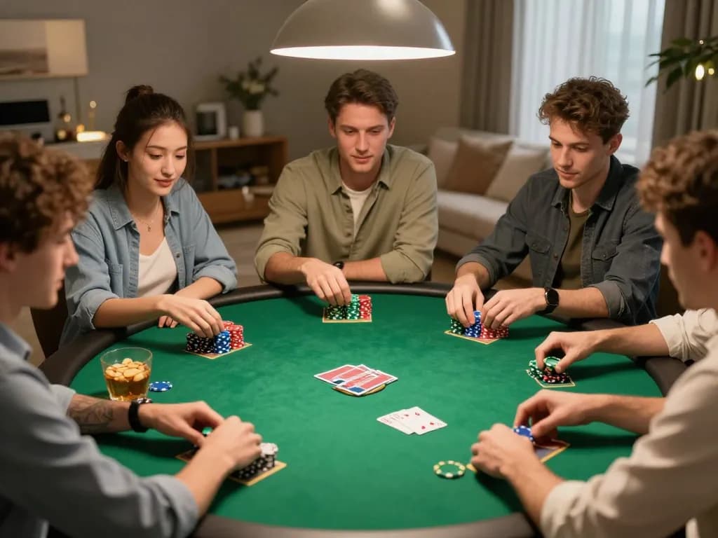 Players enjoying a friendly poker game at home, highlighting the vibrant atmosphere and strategic gameplay with hit club elements.
