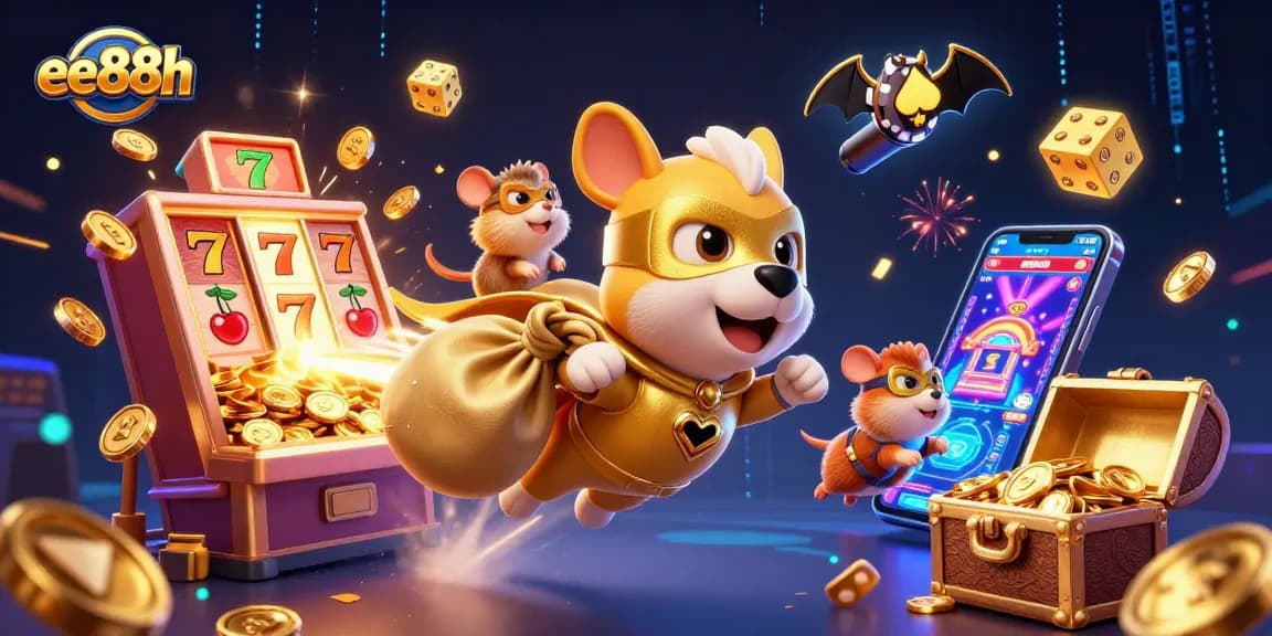 Engage in thrilling gameplay with ee88h as the superhero dog and his sidekick hamster soar through a dynamic casino scene.