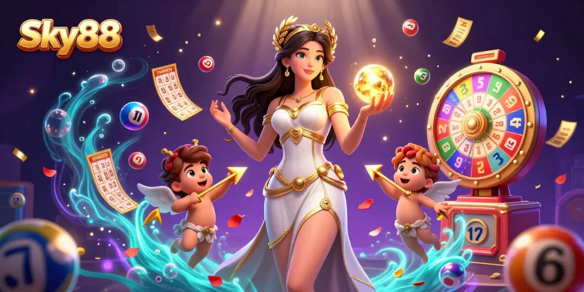 Sky88 showcases a vibrant lottery scene filled with colorful elements and lively characters in a dynamic casino atmosphere.