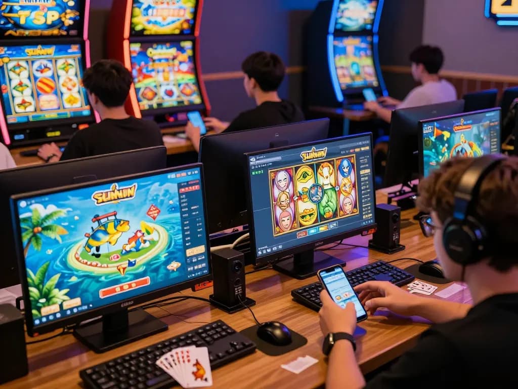 Sunwin online gaming platform showcasing players engaged in thrilling card games, slot machines, and fishing games in a vibrant digital environment.