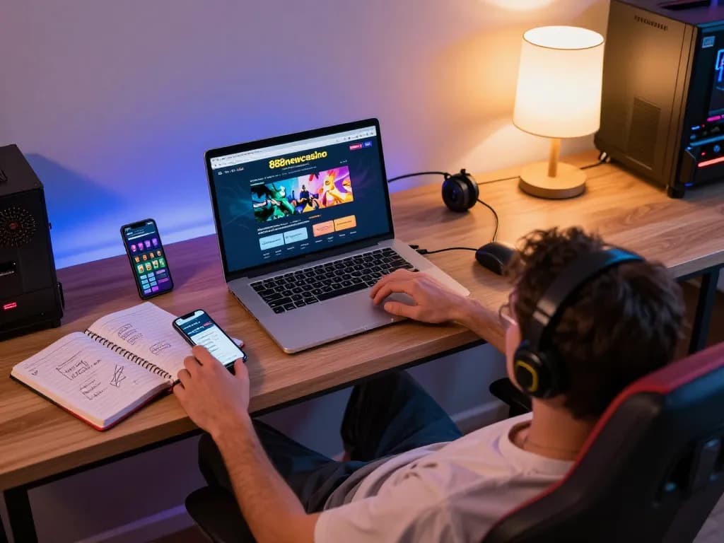 Engaging gaming moment at 888newcasino with a player using a laptop and mobile for online betting