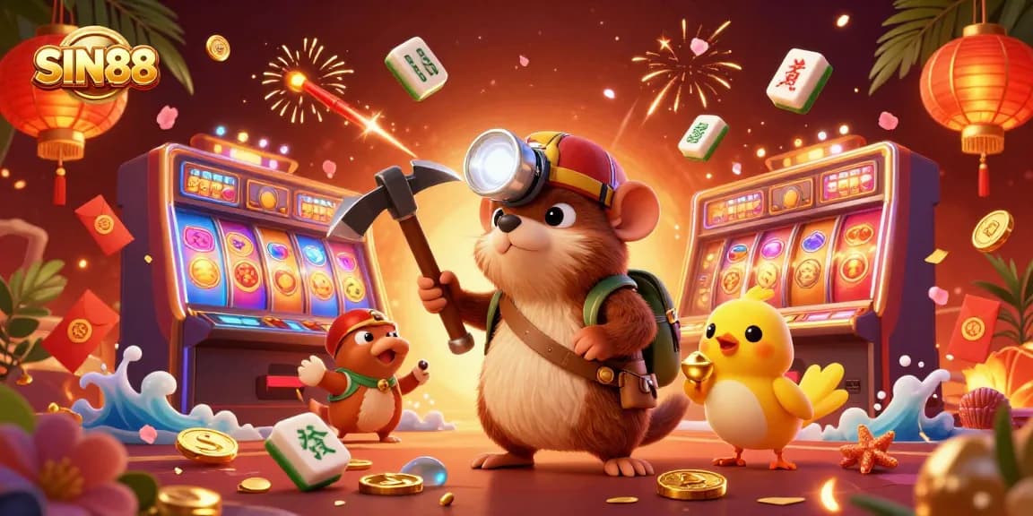 SIN88's vibrant 3D casino scene with a treasure hunter mole, colorful slots, and festive decorations.