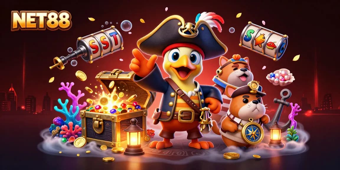 NET88 showcases a lively casino atmosphere with colorful slot reels amidst a pirate adventure.