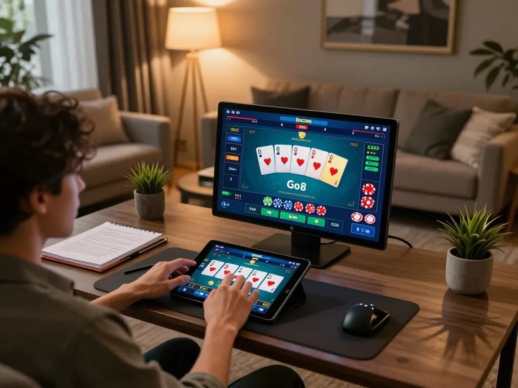 Engaging with baccarat Go8 gameplay at home in a stylish, cozy setting