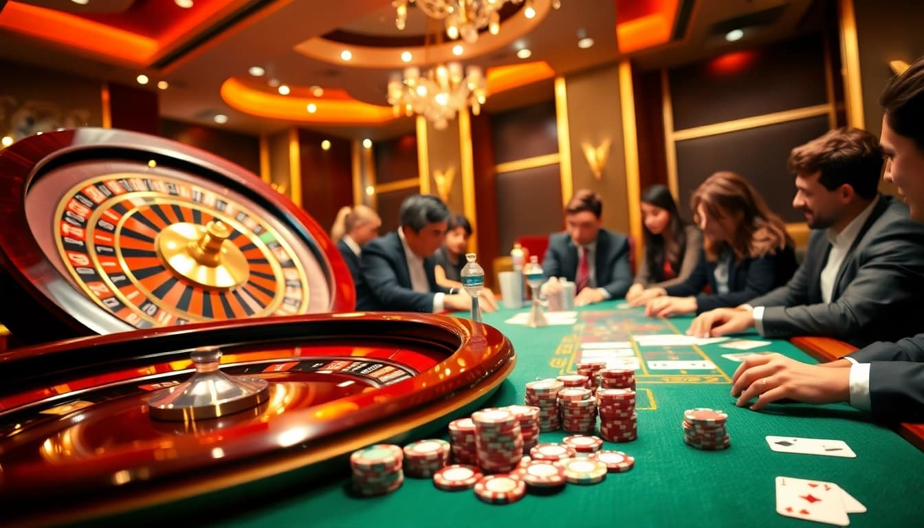 Gamblers enjoying a thrilling game at http://sunwin.loans/ casino, featuring a roulette wheel and poker table.