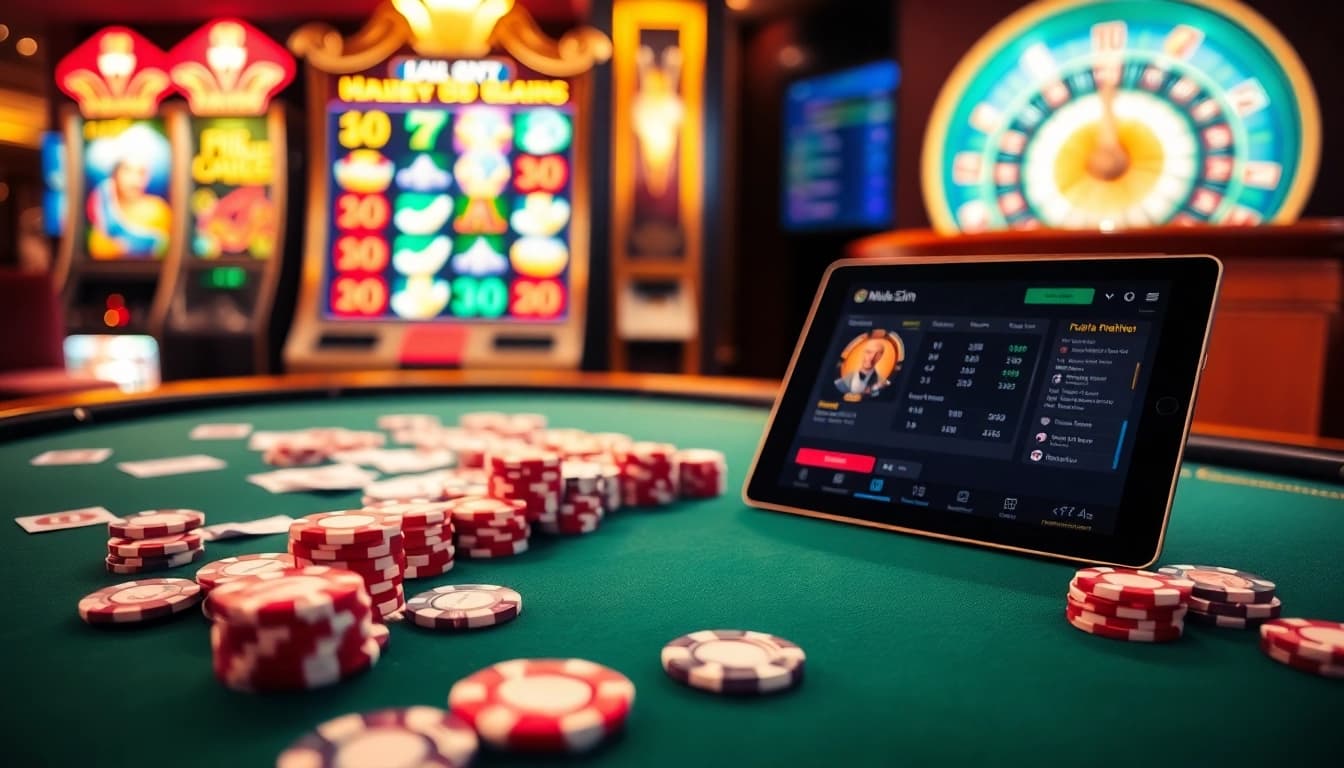 Experience the thrill of u8888 at a luxury casino with poker chips and vibrant slot machines.