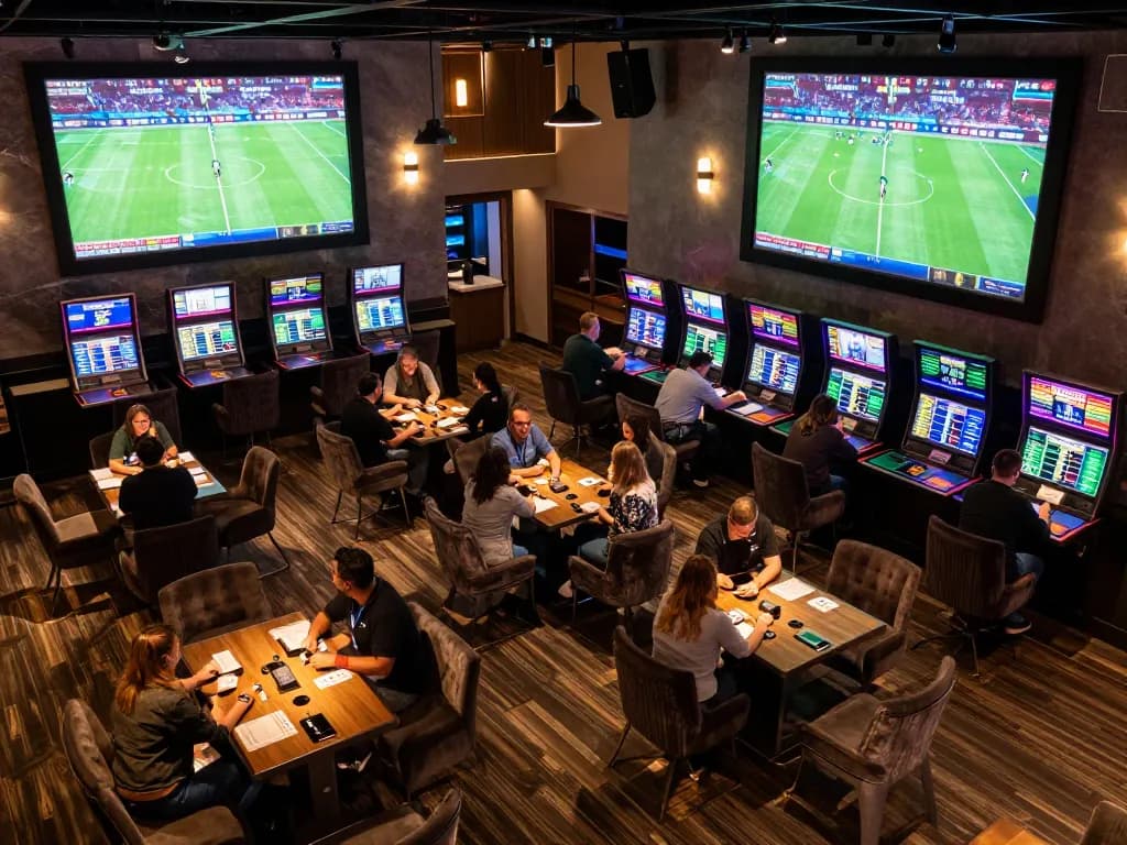 Dynamic sports betting scene showcasing Nhận định kèo strategies with live odds displayed on multiple screens