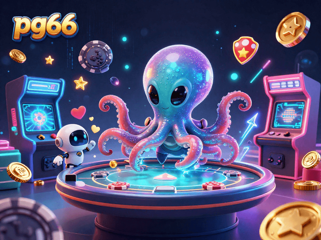 Experience thrilling gameplay at pg66 with alien octopus dealing at a holographic poker table surrounded by vibrant gaming elements.