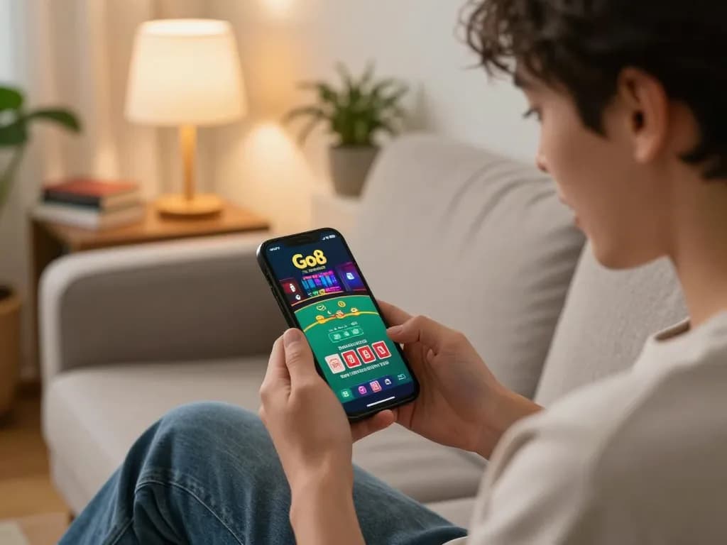 Engaging with Go8 casino on a smartphone from a cozy home, showcasing responsible gambling.