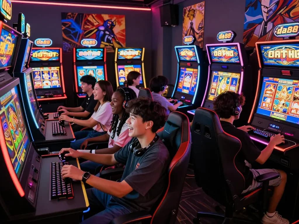 Players enjoying nổ hũ da88 in a vibrant gaming lounge filled with colorful slot machines and glowing screens.