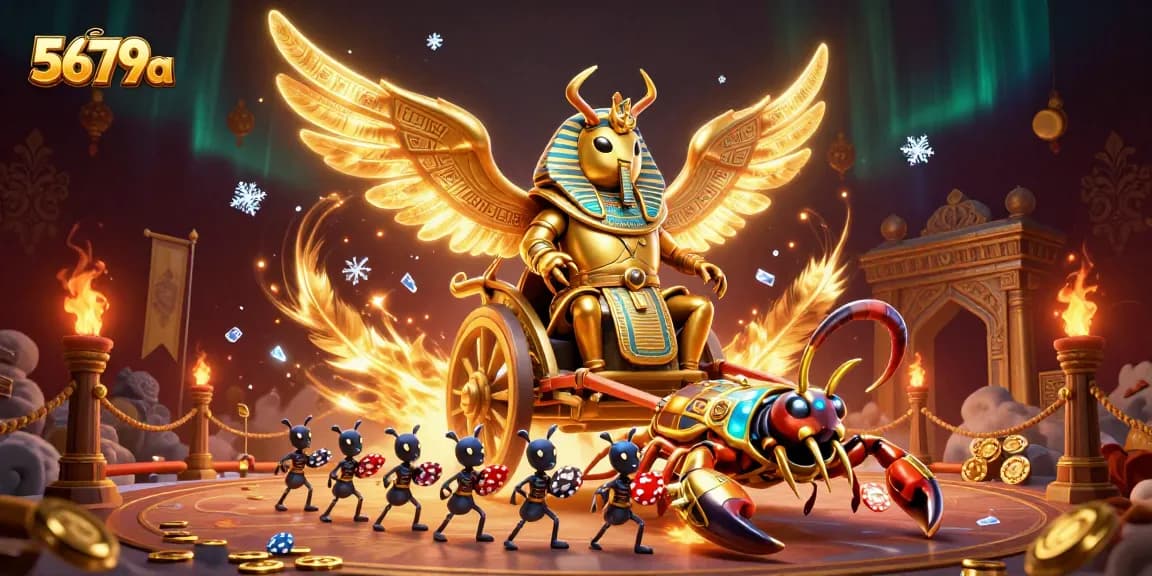 Engage with 5679a's colossal golden scarab beetle symbolizing wealth in an exhilarating chariot race.